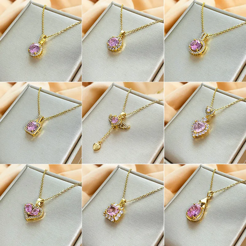 Wholesale Titanium Steel IG Style Geometric Plating Inlay Zircon Pendant Necklace