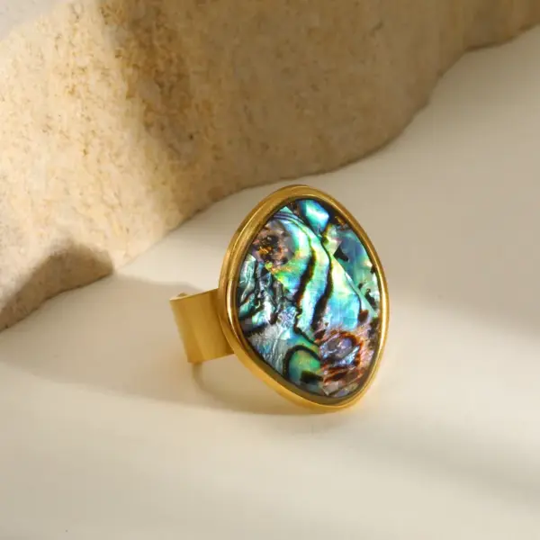 Wholesale Vacuum Electroplating (In Furnace) Plated 18K Real Gold 304 Stainless Steel Moon Oval Elegant Vintage Romantic Open Ring For Women