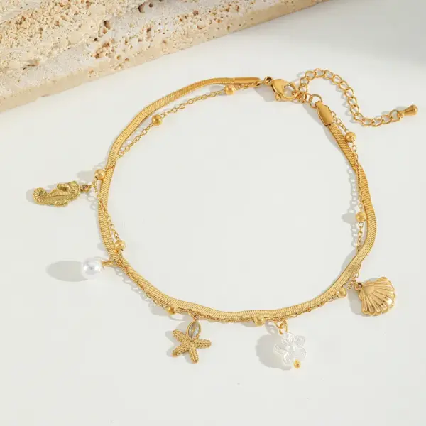 Wholesale Jewelry Casual Cute Beach Shell Fish 304 Stainless Steel Acrylic Imitation Pearl Zircon 18K Gold Plated Plating Inlay Anklet