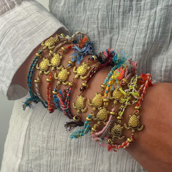 Sweet Cute Stainless Steel 18K Gold Turtle Pendant Colorful Handmade Woven Rope Bracelet Jewelry Simple Style Versatile Ocns