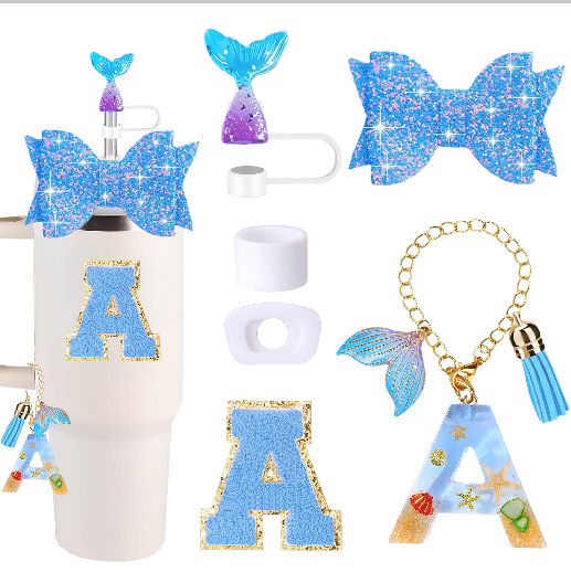 Wholesale Stanley Cup Accessories Dovetail Bow Decoration Color Sequins Resin Pendant Flower Straw Cap Letter Cup Sticker