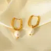 Wholesale 1 Pair Elegant U Shape 304 Stainless Steel Freshwater Pearl PVD Coated Drop Earrings