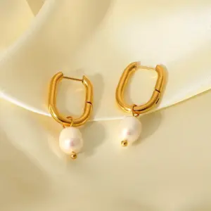 Wholesale 1 Pair Elegant U Shape 304 Stainless Steel Freshwater Pearl PVD Coated Drop Earrings