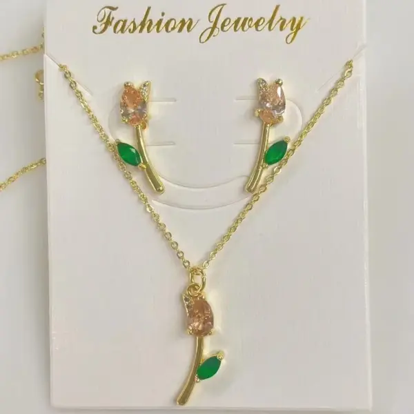 oly-586e55cf13e615ef0ba111f4f9cc89c6 Wholesale Jewelry Casual Modern Style Sweet Tulips Copper Zircon 18K Gold Plated lishing Inlay Jewelry Set Cable Chain
