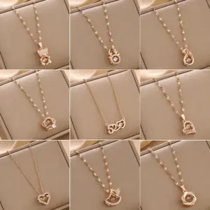 Wholesale Real Gold Plated 304 Stainless Steel Electroplating Rhinestones Geometric Bear Heart Shape Inlay Retro Cable Chain Necklace For Women'S