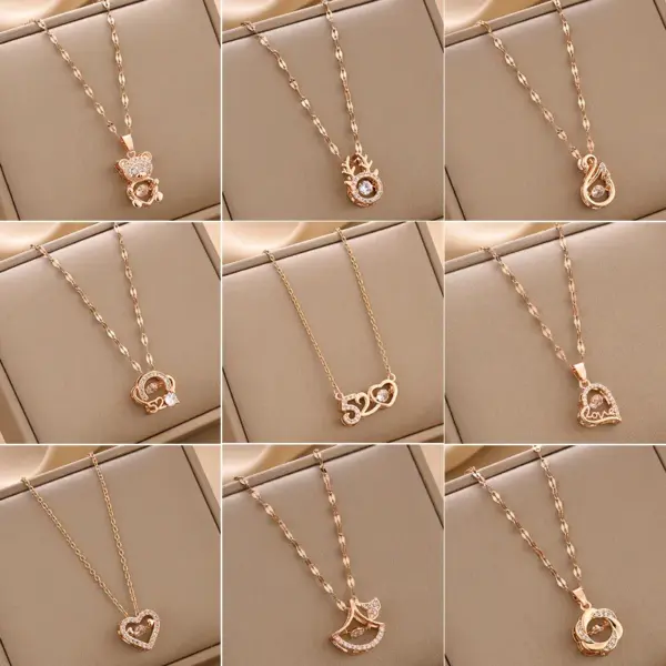 Wholesale Real Gold Plated 304 Stainless Steel Electroplating Rhinestones Geometric Bear Heart Shape Inlay Retro Cable Chain Necklace For Women'S