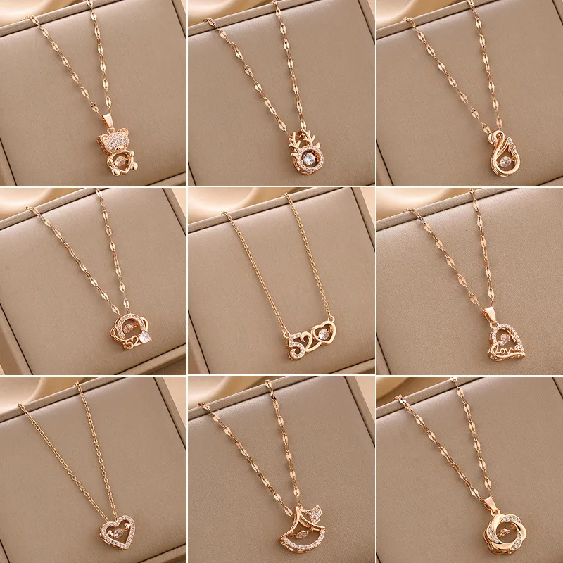 Wholesale Real Gold Plated 304 Stainless Steel Electroplating Rhinestones Geometric Bear Heart Shape Inlay Retro Cable Chain Necklace For Women'S