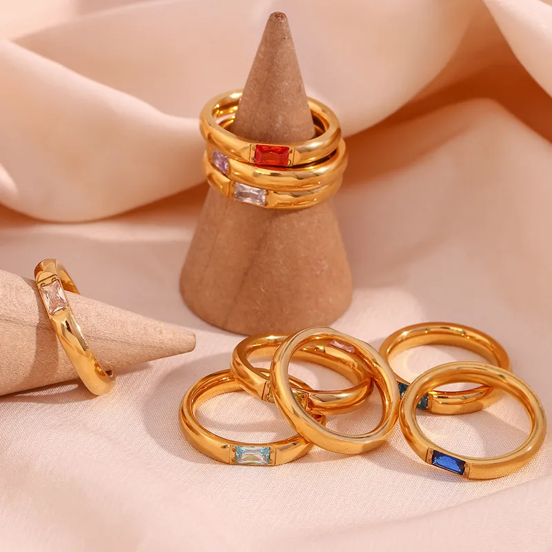 Wholesale 304 Stainless Steel Rectangle PVD Coated Birthstone Zircon 18K Gold Plated Real Gold Plated Fashion Waterproof Non Tarnish Plating Rings