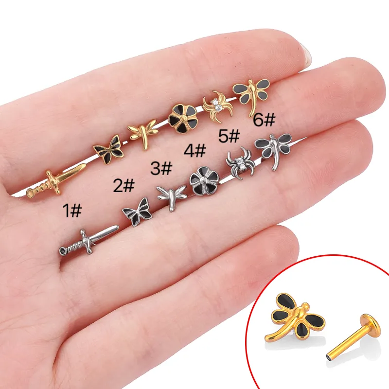 Wholesale 1 Piece Lip Rings Casual Sexy Simple Style Spider Dragonfly Butterfly 316L Stainless Steel Waterproof Non Tarnish Surgical Steel Zircon Ion