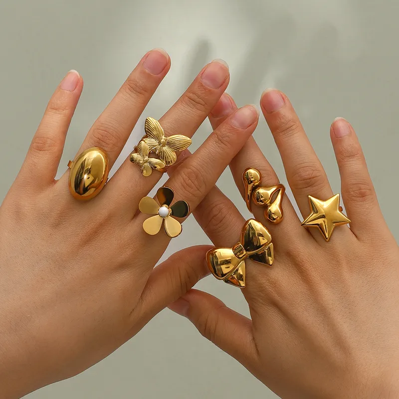 Wholesale 304 Stainless Steel Pentagram Flower Bow Knot PVD Coated 18K Real Gold Plated Sweet Artistic Gold Open Rings