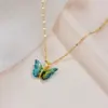 Wholesale 304 Stainless Steel Butterfly Vacuum Plating Artificial Gemstones 18K Real Gold Plated Sweet Inlay Pendant Necklace