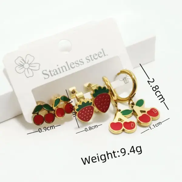 Wholesale 304 Stainless Steel Cherry Strawberry Electroplating Golden Plated Casual Cute Waterproof Non Tarnish Gold Ear Studs