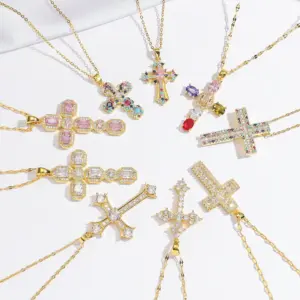 Wholesale Jewelry Shiny Cross Titanium Steel Zircon Inlay Pendant Necklace Cable Chain