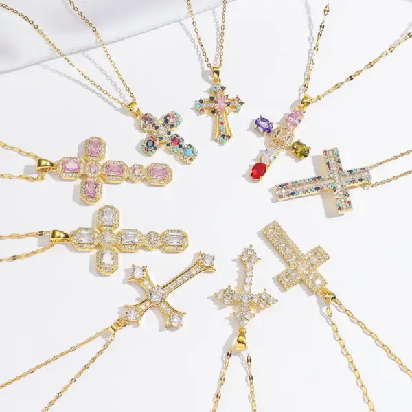 Wholesale Jewelry Shiny Cross Titanium Steel Zircon Inlay Pendant Necklace Cable Chain