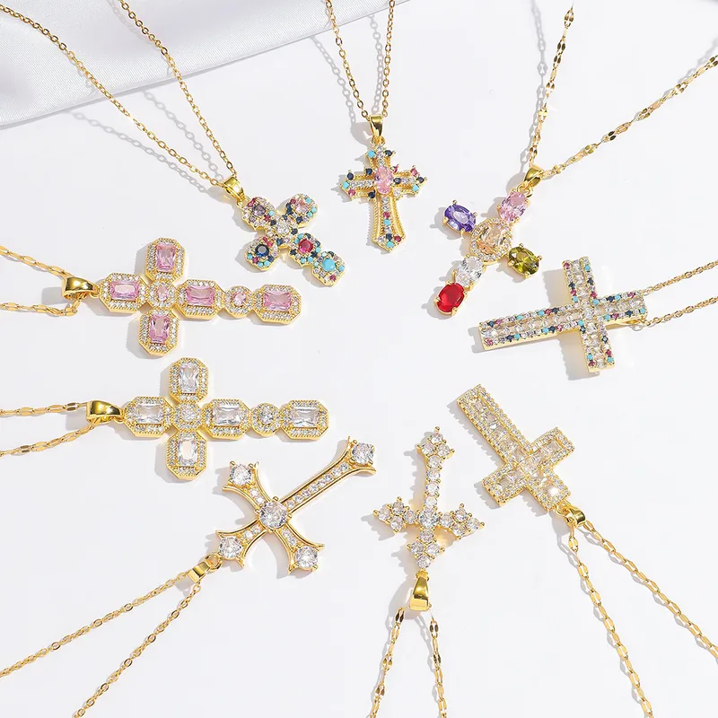 Wholesale Jewelry Shiny Cross Titanium Steel Zircon Inlay Pendant Necklace Cable Chain
