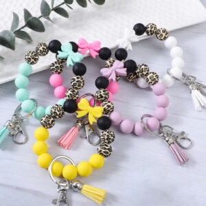 Wholesale in stock cross-border color bow leopard silicone beads beaded tassel bracelet bracelet keychain bag pendant