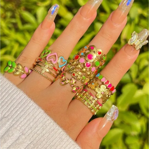 Wholesale Jewelry Cute Streetwear Heart Shape 304 Stainless Steel Enamel Open Rings