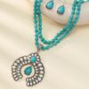 Wholesale European and American Retro Three-Layer Flower Earrings Turquoise Earrings Western Style Exaggerated Turquoise Beads Necklace Jewelry Set