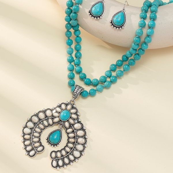 Wholesale European and American Retro Three-Layer Flower Earrings Turquoise Earrings Western Style Exaggerated Turquoise Beads Necklace Jewelry Set