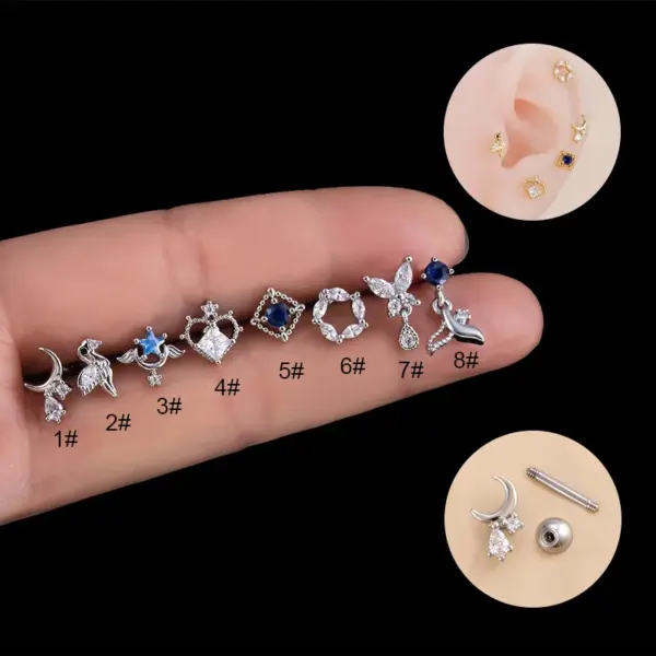 1 Piece 316L Stainless Steel Copper Zircon Ear Cartilage Rings & Studs Moon Water Droplets Heart Shape Waterproof Non Tarnish Surgical Steel