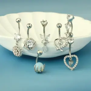 1 Piece 316L Stainless Steel Copper Zircon Belly Rings Heart Shape Wings Butterfly Waterproof Non Tarnish Surgical Steel Unisex