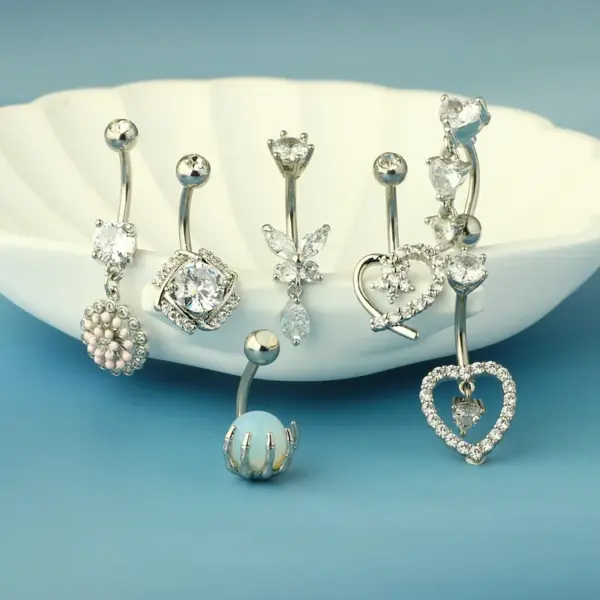 1 Piece 316L Stainless Steel Copper Zircon Belly Rings Heart Shape Wings Butterfly Waterproof Non Tarnish Surgical Steel Unisex