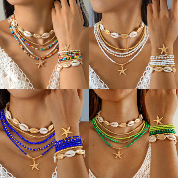 Wholesale Cross-border Bohemian Color Rice Beads Rope Necklace Bracelet suit Beach Wind Starfish Bracelet 12-piece Set