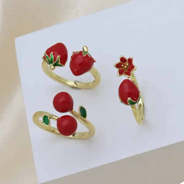 Wholesale Jewelry Cute Lady Cherry Copper 18K Gold Plated Enamel Open Rings