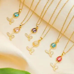 Wholesale Jewelry Sweet Tulips 304 Stainless Steel Copper Cat's Eye Stone Zircon Cable Chain Pendant Necklace