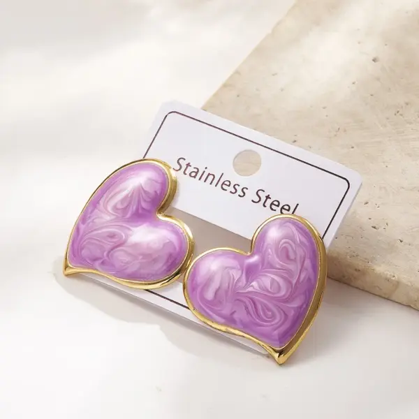 Color Retention Electroplating Drip Oil Heart Shaped Earrings Women's Fashion Jewelry Stainless Steel Polished Surface