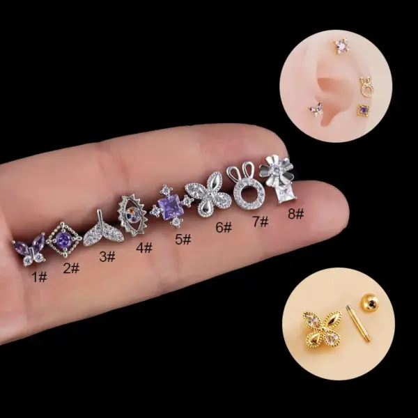1 Piece 316L Stainless Steel Copper Zircon Ear Cartilage Rings & Studs Flower Butterfly Fish Tail Waterproof Non Tarnish Surgical Steel