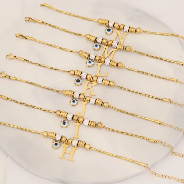 Wholesale 304 Stainless Steel Copper 18K Gold Plated Retro Commute Inlay Letter Eye Rhinestones Bracelets