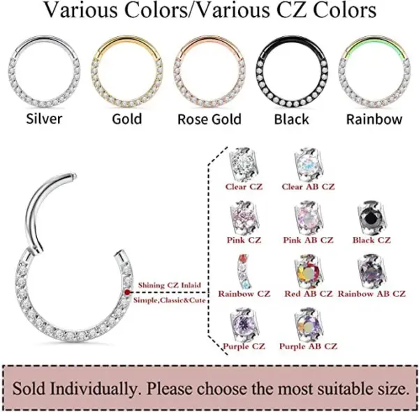 1 Piece 316L Stainless Steel Zircon Nose Rings & Studs Round Waterproof Non Tarnish Surgical Steel Nose Ring Unisex