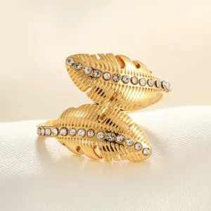 18K Real Gold Feather White Diamond / Adjustable Opening