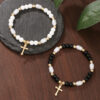 Wholesale Cross-border Hot-selling Elegant Cross Pendant Black Onyx Imitation Pearl Beaded Bracelet Women's Personalized Fashion Stacked Bracelet