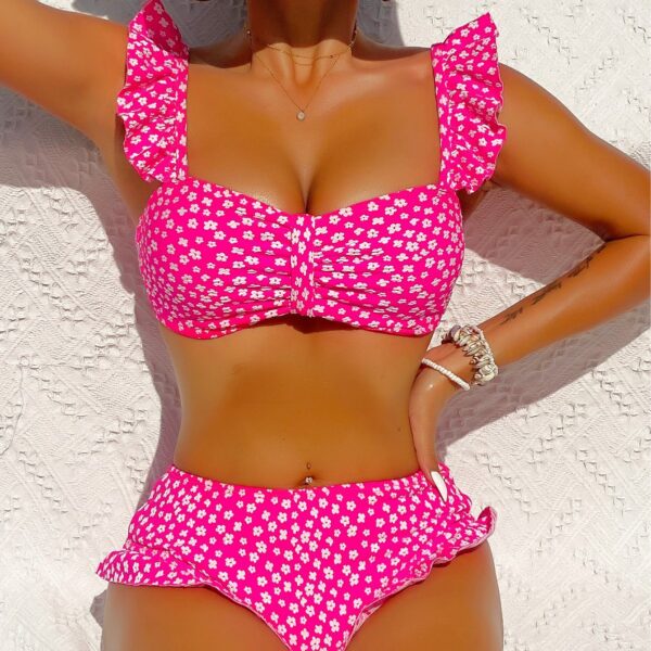 Wholesale Amazon Cross-border New Swimsuit Split Ruffled High Waist Sexy Swimsuit Bikini European and American Floral Swimsuit