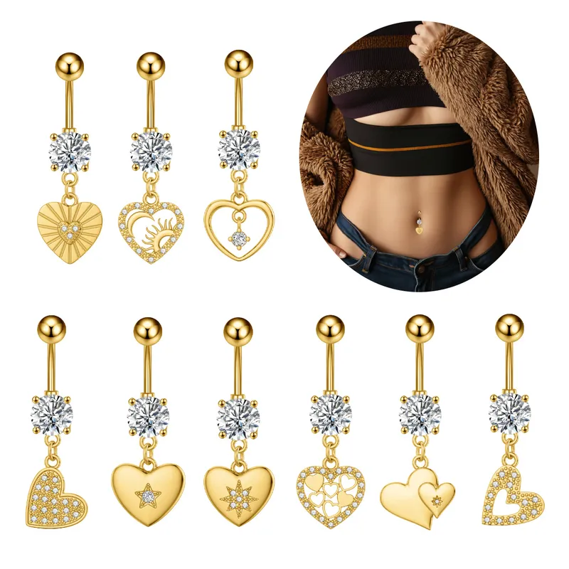 Wholesale Stainless Steel Heart Series Zircon Navel Ring Piercing Jewelry Simple Style Unisex Navel Decoration Flower Pattern
