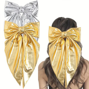 Wholesale Cross-border fashion shiny leather bow hair clip long ribbon spring clip gold and silver back hair clip holiday party hair accessory