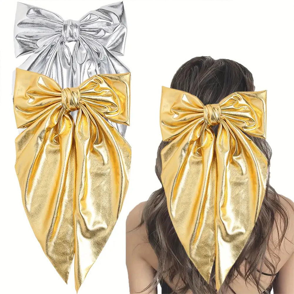 Wholesale Cross-border fashion shiny leather bow hair clip long ribbon spring clip gold and sier back hair clip holiday party hair aessory