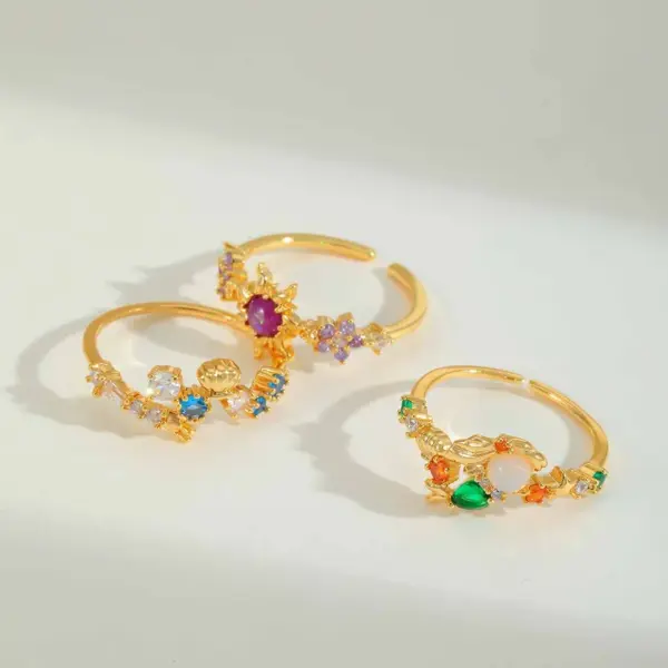 Wholesale Jewelry Cute Sweet Sun Flower Shell Copper Zircon 14K Gold Plated Open Rings