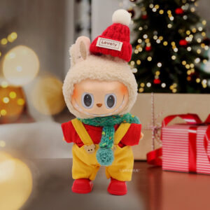 Rx283 christmas set [fur ball red hat + red t + yellow denim overalls + green rainbow scarf + red short boots five-piece set (doll not included)