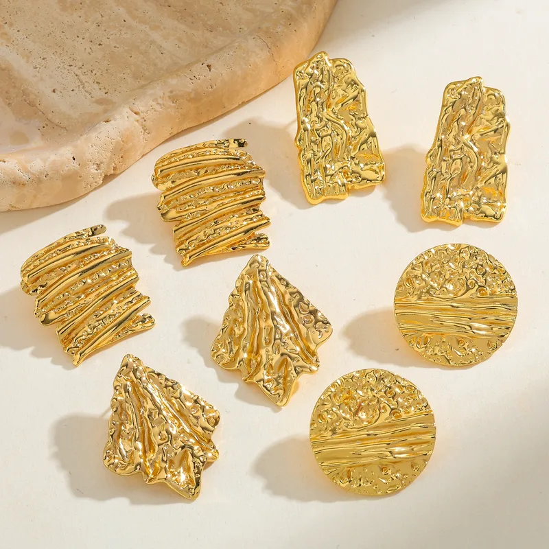 Wholesale Geometric Stripe Water Plated 304 Stainless Steel No Inlay Material Hammered Stud Earrings Female Vintage Plated Imitation Gold