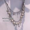 Wholesale Punk European American style Cross Cross white skull chain silver double layer necklace