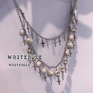 Wholesale Punk European American style Cross Cross white skull chain silver double layer necklace