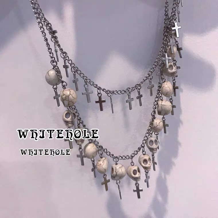 Wholesale Punk European American style Cross Cross white skull chain sier double layer necklace