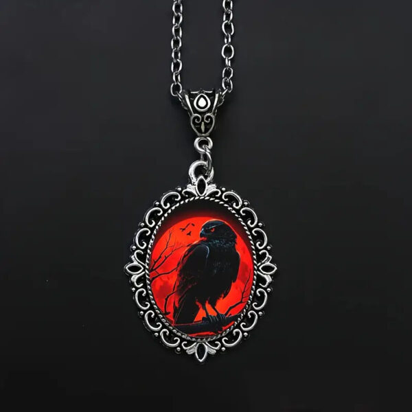 Wholesale 1 Pc Gothic Crow Oval Glass Pendant Necklace, Men Fashion Punk Style Jewelry Gift