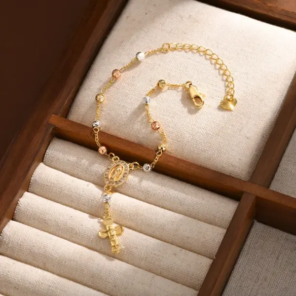 Wholesale Jewelry Vintage Style Religion Cross Virgin Mary Copper Zircon 18K Gold Plated Inlay Bracelets