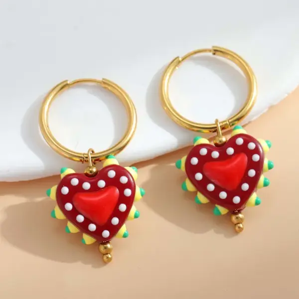 Wholesale 1 Pair Casual Cute Sweet Heart Shape Enamel Plating 304 Stainless Steel 18K Gold Plated Charm Sleeper Hoop Earrings