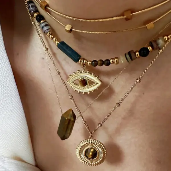 Wholesale 304 Stainless Steel Natural Stone Titanium Steel 14K Gold Plated Retro Ethnic Style Classic Style Plating Geometric Round Eye Rings Necklace