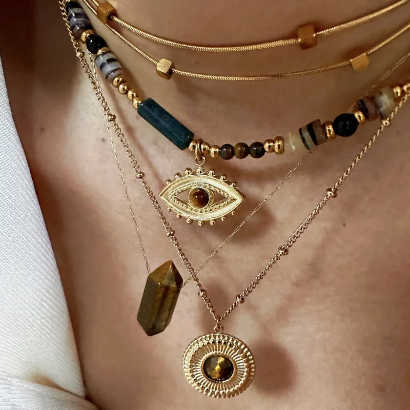 Wholesale 304 Stainless Steel Natural Stone Titanium Steel 14K Gold Plated Retro Ethnic Style Classic Style Plating Geometric Round Eye Rings Necklace